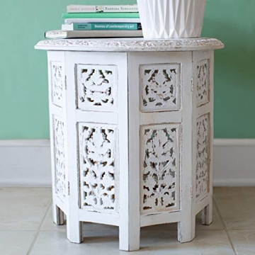 COTTON CRAFT Solid Wood Accent End Table - Hand Carved Vintage Boho Folding Side Table - Small Spaces Entryway Farmhouse Living Room Bedside - No Tools Assembly -18x18 Round - Jaipur Antique White