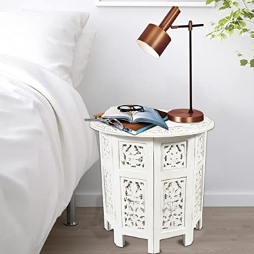 COTTON CRAFT Solid Wood Accent End Table - Hand Carved Vintage Boho Folding Side Table - Small Spaces Entryway Farmhouse Living Room Bedside - No Tools Assembly -18x18 Round - Jaipur Antique White
