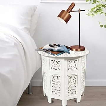 COTTON CRAFT Solid Wood Accent End Table - Hand Carved Vintage Boho Folding Side Table - Small Spaces Entryway Farmhouse Living Room Bedside - No Tools Assembly -18x18 Round - Jaipur Antique White