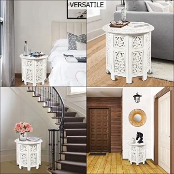 COTTON CRAFT Solid Wood Accent End Table - Hand Carved Vintage Boho Folding Side Table - Small Spaces Entryway Farmhouse Living Room Bedside - No Tools Assembly -18x18 Round - Jaipur Antique White