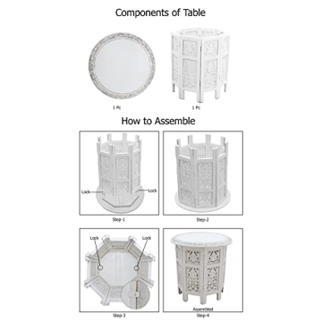 COTTON CRAFT Solid Wood Accent End Table - Hand Carved Vintage Boho Folding Side Table - Small Spaces Entryway Farmhouse Living Room Bedside - No Tools Assembly -18x18 Round - Jaipur Antique White