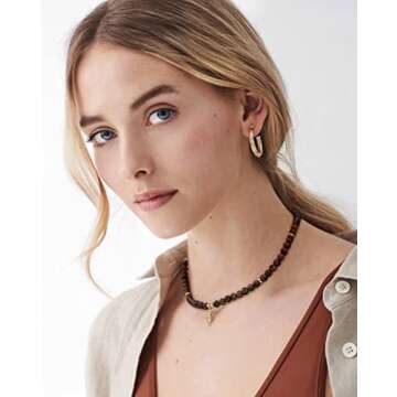 PEARLADA Tiger Eye Beaded Choker – Stylish Healing Necklace with Gold Charm