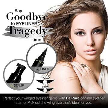 LA PURE Waterproof Liquid Eyeliner Stamp Winged Eyeliner Tool 2x Cat Eye Winged Eyeliner Stamp & Fine Tipped Pen Eyeliner Stencil Smudge Proof Black Eye Liner Tiktok Trend Items Wing Stamp - Black 8mm