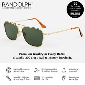 Randolph USA | Intruder Rectangular Classic Aviator Sunglasses for Men Non-Polarized 100% UV