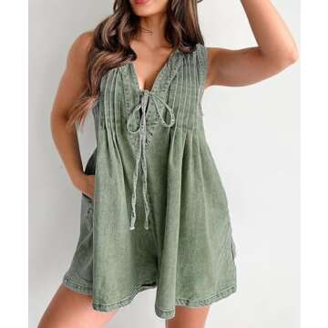 CHARTOU Women Summer Denim Overalls Shorts Romper Jean Jumpsuit Sleeveless Shortalls Flowy Ruffle Romper Pockets (Large,Green)