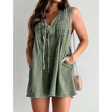 CHARTOU Women Summer Denim Overalls Shorts Romper Jean Jumpsuit Sleeveless Shortalls Flowy Ruffle Romper Pockets (Large,Green)