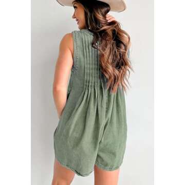 CHARTOU Women Summer Denim Overalls Shorts Romper Jean Jumpsuit Sleeveless Shortalls Flowy Ruffle Romper Pockets (Large,Green)