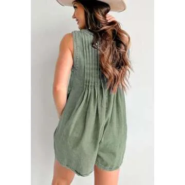 CHARTOU Women Summer Denim Overalls Shorts Romper Jean Jumpsuit Sleeveless Shortalls Flowy Ruffle Romper Pockets (Large,Green)