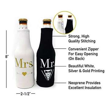 Mr. & Mrs. Beer Bottle Cooler Sleeves Black & White Gift Set 2 Pack - Perfect for Wedding, Bridal Shower, Engagement Party & So Much More.