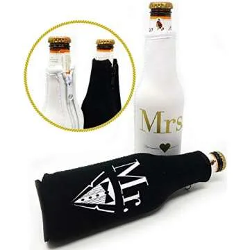 Mr. & Mrs. Beer Bottle Cooler Sleeves Black & White Gift Set 2 Pack - Perfect for Wedding, Bridal Shower, Engagement Party & So Much More.