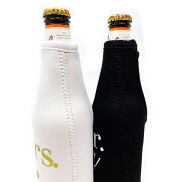 Mr. & Mrs. Beer Bottle Cooler Sleeves Black & White Gift Set 2 Pack - Perfect for Wedding, Bridal Shower, Engagement Party & So Much More.