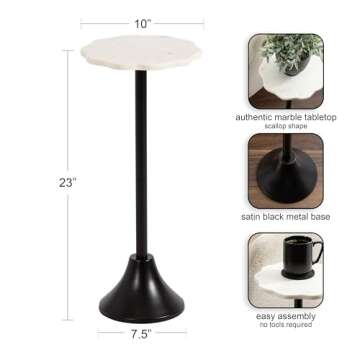 Kate and Laurel Sanzo Modern Pedestal Drink Table, 10 x 10 x 23, White Marble and Black, Decorative End Table with Scalloped Marble Tabletop for Use as Small Plant Stand or Cute Martini Table