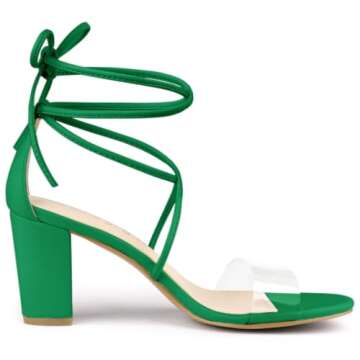 Allegra K Women's Clear Strap Block Heel Lace Up Green Heels Sandals - 7.5 M US