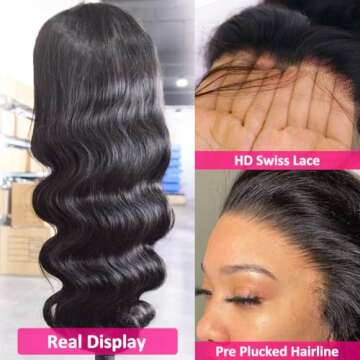 Wingirl 220 Density HD Lace Front Wigs Human Hair Pre Plucked 13x5 Transparent Body Wave Lace Frontal Wig with Baby Hair 12A Glueless Human Hair Wigs for Women Black Color 24 Inch