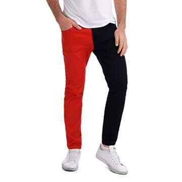 LONGBIDA Men's Slim Fit Skinny Jeans Two Tone Patchwork Designer Stretch Regular Denim Pants(Black Red,32)