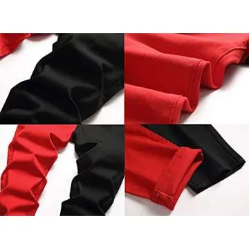 LONGBIDA Men's Slim Fit Skinny Jeans Two Tone Patchwork Designer Stretch Regular Denim Pants(Black Red,32)