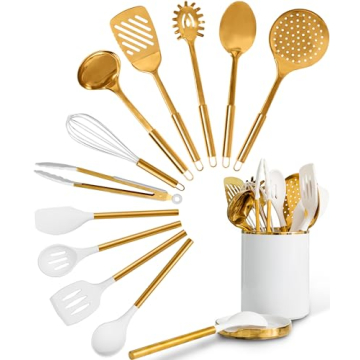 Styled Settings White and Gold Cooking Utensils Set – 13-Piece Set Includes Gold Kitchen Utensils,...