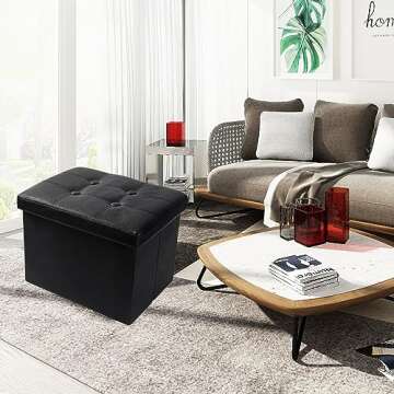 Storage Ottoman Cube Storage Ottoman as Foot Stool, Foot Rest & Stepping Stool - Folding Storage Ottoman with Padded Seat -Premium Leather Vintage Black Ottoman - Ottoman with Storage17IN Leather