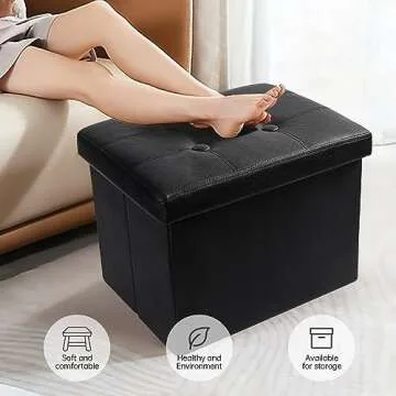 Storage Ottoman Cube Storage Ottoman as Foot Stool, Foot Rest & Stepping Stool - Folding Storage Ottoman with Padded Seat -Premium Leather Vintage Black Ottoman - Ottoman with Storage17IN Leather
