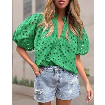 VESMARP Women's Summer Tops Dressy Casual Short Lantern Sleeve Buttons Hollow Out Lace Embroidered B...