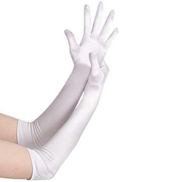 Spooktacular Creations Long Opera Party Gloves, 20s Satin Dress White Gloves for Women, Silk Gloves Stretchy Elbow Length Gloves Bridal Dress, 21 inches