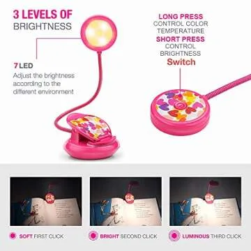Vekkia Cute Rechargeable Book Light, Eye-Care Clip on Reading Lights for Reading in Bed, 3 Colors & 3 Brightness, 1.8oz Light Weight, Up to 40 Hours Reading, Great Gifts for Kids & Readers (Rose Red)