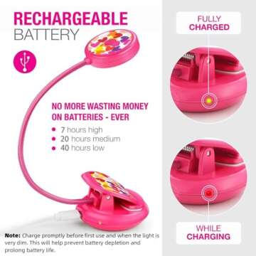 Vekkia Cute Rechargeable Book Light, Eye-Care Clip on Reading Lights for Reading in Bed, 3 Colors & 3 Brightness, 1.8oz Light Weight, Up to 40 Hours Reading, Great Gifts for Kids & Readers (Rose Red)