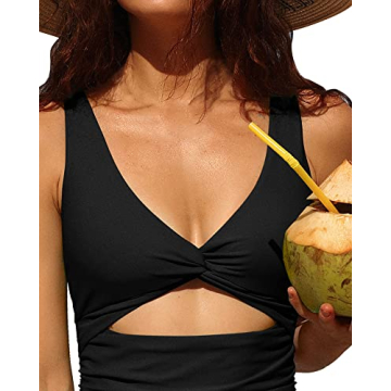 Charmo Womens One Piece Swimsuit Ruched Tummy Control High Cut Backless V Neck Bathing Suits Swimwear Black Large