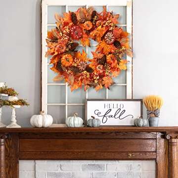 Sggvecsy Fall Wreath 20’’ Autumn Front Door Wreath Harvest Wreath with Various Pumpkin Cluster of Berries Maple Leaves Pine Cones for Outside Indoor Wall Window Festival Thanksgiving Autumn Fall Decor