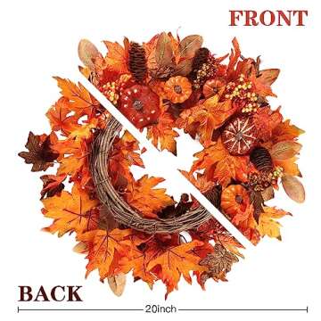 Sggvecsy Fall Wreath 20’’ Autumn Front Door Wreath Harvest Wreath with Various Pumpkin Cluster of Berries Maple Leaves Pine Cones for Outside Indoor Wall Window Festival Thanksgiving Autumn Fall Decor