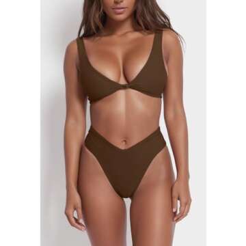 geluboao Brown Bikini Sets for Women High Waisted High Cut Bikini Cute Kont Front 2 Piece Swimsuit S
