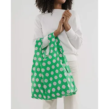 BAGGU Standard Reusable Shopping Bag, Ripstop Nylon Grocery Tote or Lunch Bag, Green Daisy