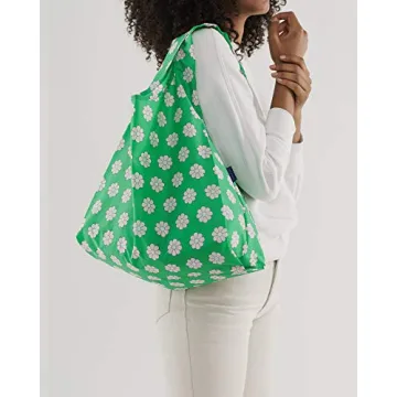 BAGGU Standard Reusable Shopping Bag, Ripstop Nylon Grocery Tote or Lunch Bag, Green Daisy