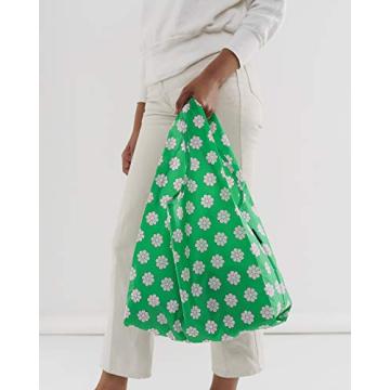 BAGGU Standard Reusable Shopping Bag, Ripstop Nylon Grocery Tote or Lunch Bag, Green Daisy