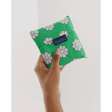 BAGGU Standard Reusable Shopping Bag, Ripstop Nylon Grocery Tote or Lunch Bag, Green Daisy