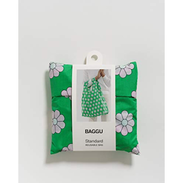 BAGGU Standard Reusable Shopping Bag, Ripstop Nylon Grocery Tote or Lunch Bag, Green Daisy