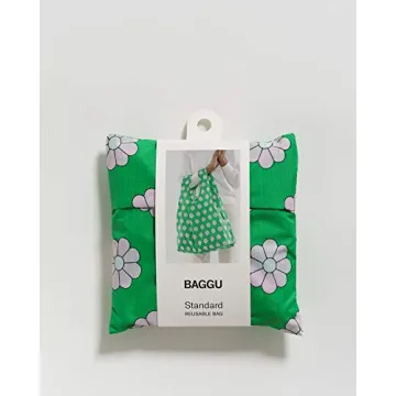 BAGGU Standard Reusable Shopping Bag, Ripstop Nylon Grocery Tote or Lunch Bag, Green Daisy