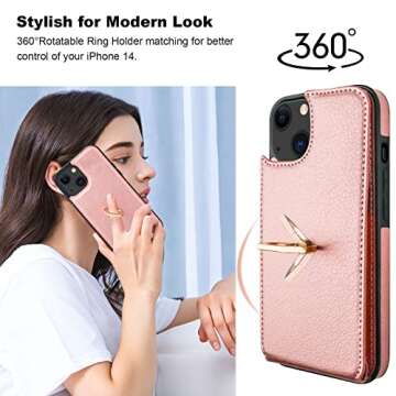 Folosu Compatible with iPhone 14 Case Wallet with Card Holder, 360°Rotation Finger Ring Holder Kickstand, RFID Blocking Leather Protective Double Buttons Shockproof Cover 6.1 Inch Rose Gold