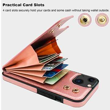 Folosu Compatible with iPhone 14 Case Wallet with Card Holder, 360°Rotation Finger Ring Holder Kickstand, RFID Blocking Leather Protective Double Buttons Shockproof Cover 6.1 Inch Rose Gold