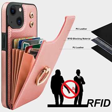 Folosu Compatible with iPhone 14 Case Wallet with Card Holder, 360°Rotation Finger Ring Holder Kickstand, RFID Blocking Leather Protective Double Buttons Shockproof Cover 6.1 Inch Rose Gold