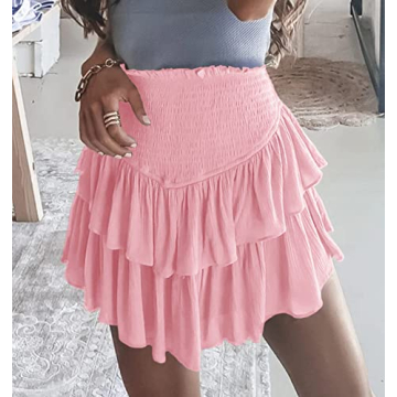 Meikulo Women Smocked Ruffle Mini Skirt in Pink for Summer