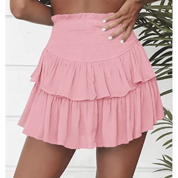 Meikulo Women Smocked Ruffle Mini Skirt in Pink for Summer