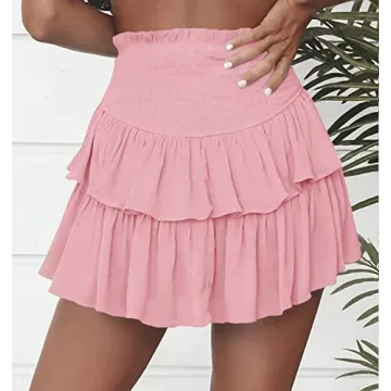Meikulo Women Smocked Ruffle Mini Skirt in Pink for Summer