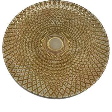 Circleware Set of 4-13" Glass Charger Plates Dinnerware Hard Cut Style Round All Occasion Dishes, Limited Edition Home Kitchen Food Service Decor 4-pack Gold & White