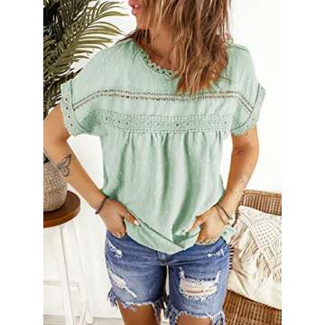 Dokotoo Womens Tops Dressy Casual Summer Blouses and Tops Crewneck Crochet Lace Short Sleeve Shirt Stylish Pom Pom Babydoll Blouse Elegant Solid Shirts Top for Teen Girls Green XL