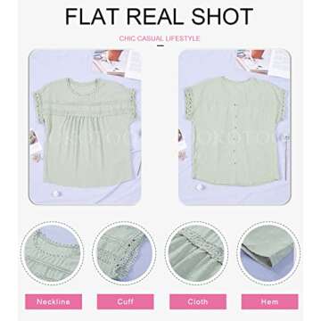 Dokotoo Womens Tops Dressy Casual Summer Blouses and Tops Crewneck Crochet Lace Short Sleeve Shirt Stylish Pom Pom Babydoll Blouse Elegant Solid Shirts Top for Teen Girls Green XL