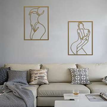 LSEPOUM 2 packs Gold Wall Art Decor, Minimalist Decor Single Line Art Wall Decor, Real Metal Wall Art, Woman's Body Shape Abstract Wall Art for Kitchen Bedroom Living