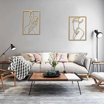 LSEPOUM 2 packs Gold Wall Art Decor, Minimalist Decor Single Line Art Wall Decor, Real Metal Wall Art, Woman's Body Shape Abstract Wall Art for Kitchen Bedroom Living