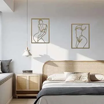 LSEPOUM 2 packs Gold Wall Art Decor, Minimalist Decor Single Line Art Wall Decor, Real Metal Wall Art, Woman's Body Shape Abstract Wall Art for Kitchen Bedroom Living