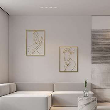 LSEPOUM 2 packs Gold Wall Art Decor, Minimalist Decor Single Line Art Wall Decor, Real Metal Wall Art, Woman's Body Shape Abstract Wall Art for Kitchen Bedroom Living
